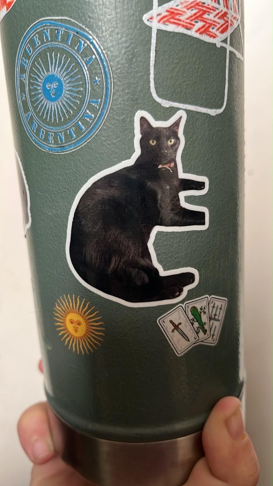 Stickers personalizados de mascotas y símbolos argentinos aplicados sobre un termo